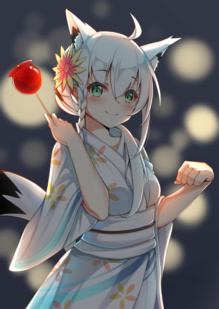 1girl ahoge animal_ear_fluff animal_ears bangs blurry blurry_background blush braid breasts candy_apple eyebrows_visible_through_hair food fox_ears fox_girl fox_tail green_eyes hair_between_eyes highres holding hololive japanese_clothes kimono long_hair looking_at_viewer medium_breasts shirakami_fubuki smile solo tail tming virtual_youtuber white_hair white_kimono wide_sleeves