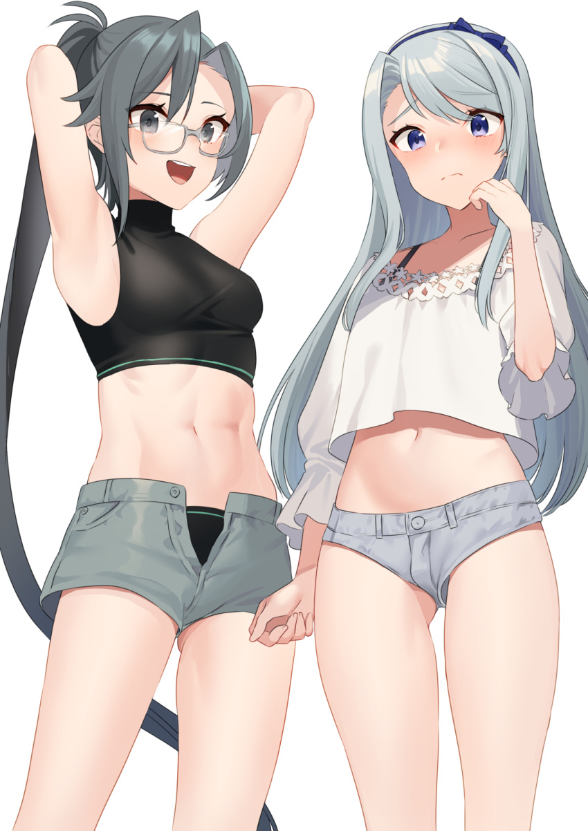 2girls abs amagiri_(kantai_collection) armpits arms_up asymmetrical_bangs bangs bare_arms bare_shoulders black_bra black_panties blouse blue_eyes bra bra_strap breasts casual cowboy_shot crop_top crop_top_overhang denim denim_shorts glasses grey-framed_eyewear grey_eyes grey_hair grey_shorts hair_between_eyes highres kantai_collection long_hair looking_at_viewer micro_shorts midriff mizuki_eiru_(akagi_kurage) multiple_girls navel open_fly panties ponytail sagiri_(kantai_collection) shirt short_shorts shorts silver_hair simple_background sleeveless sleeveless_turtleneck small_breasts sports_bra standing stomach swept_bangs thighs turtleneck unbuttoned underwear very_long_hair white_background white_blouse white_shirt