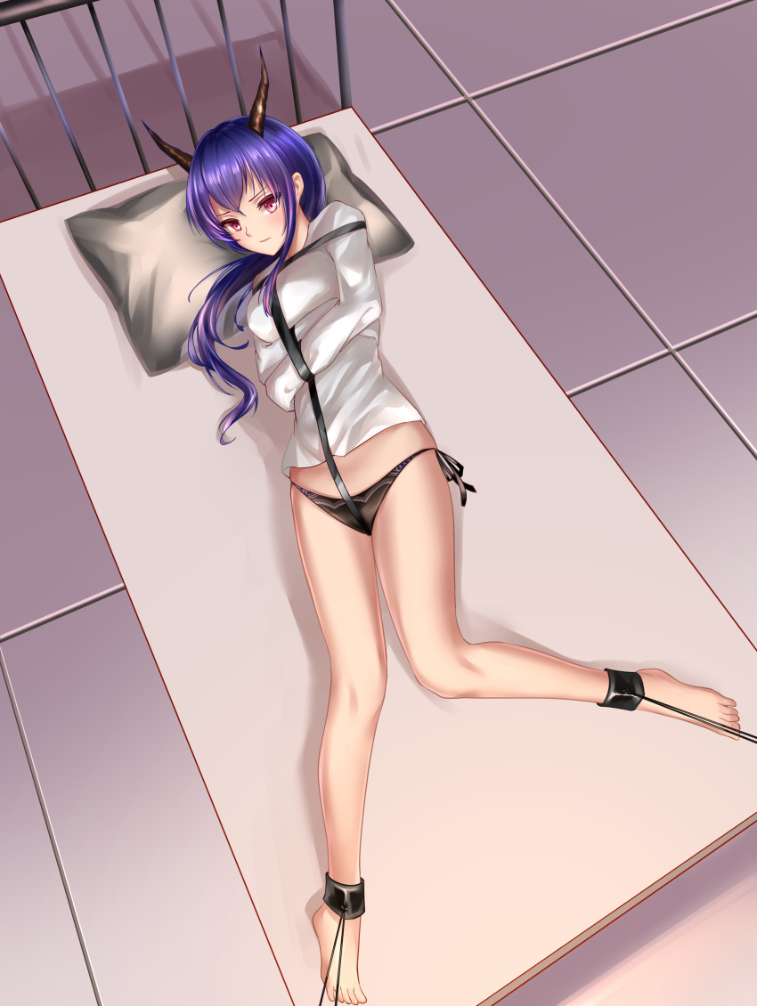 1girl absurdres ankle_cuffs arknights barefoot bdsm bed ch'en_(arknights) commentary_request full_body highres horns long_hair looking_at_viewer lying panties pillow purple_hair red_eyes restrained side-tie_panties solo straitjacket underwear zhadanzhawugui
