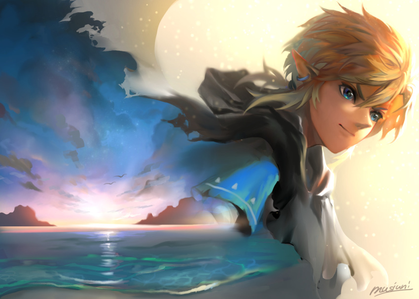 1boy artist_name bangs bird blonde_hair blue_eyes closed_mouth clouds commentary_request earrings hair_between_eyes highres jewelry link making-of_available male_focus matcho pointy_ears scenery short_hair sky smile solo star_(sky) sunrise tagme the_legend_of_zelda the_legend_of_zelda:_breath_of_the_wild water