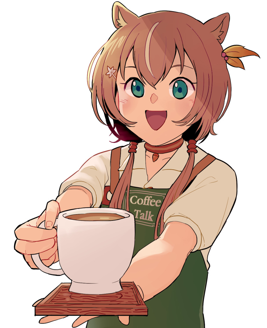 1girl animal_ears apron ayunda_risu brown_hair choker coffee coffee_mug coffee_talk cup green_eyes hair_ornament hairclip highres hololive_indonesia looking_at_viewer low_twintails malammart mug open_mouth solo squirrel_ears squirrel_girl twintails virtual_youtuber