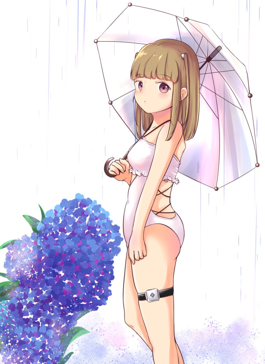 1girl bangs blunt_bangs brown_eyes casual_one-piece_swimsuit feet_out_of_frame flower frilled_sweater highres long_hair looking_at_viewer one-piece_swimsuit original rain solo standing swimsuit teteno_tsuki umbrella white_swimsuit white_umbrella