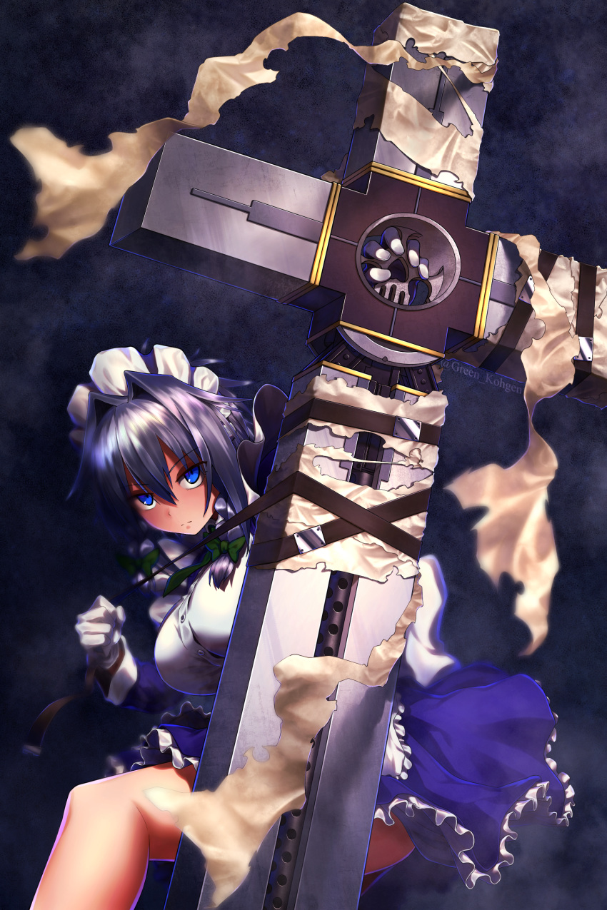 1girl absurdres blue_eyes breasts cross_punisher eyebrows_visible_through_hair eyes_visible_through_hair greenkohgen highres izayoi_sakuya large_breasts looking_at_viewer maid maid_headdress silver_hair simple_background skirt solo touhou trigun