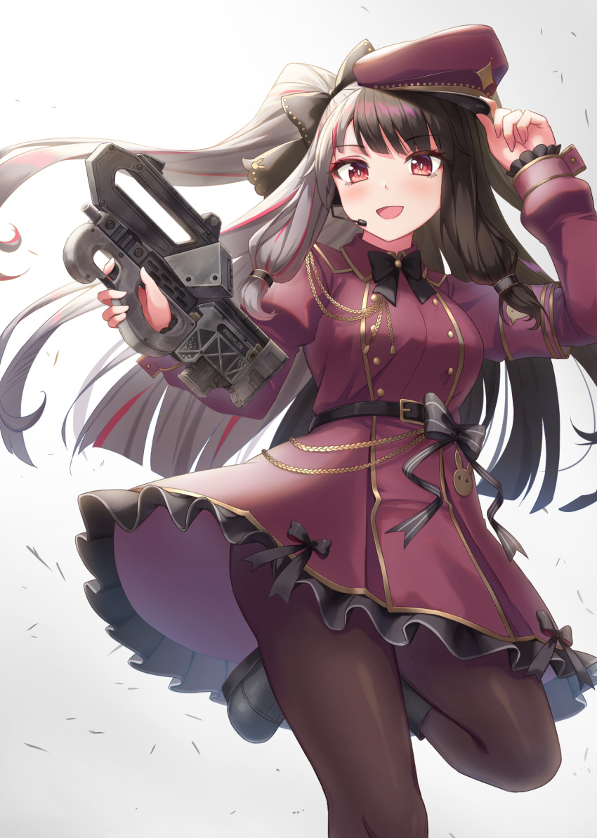 1girl :d arm_up armband bangs black_bow black_footwear black_hair boots bow breasts brown_dress brown_headwear brown_legwear commentary_request dress eyebrows_visible_through_hair frilled_dress frills gohei_(aoi_yuugure) gradient gradient_background grey_background grey_hair gun hat headset highres holding holding_gun holding_weapon long_hair long_sleeves medium_breasts multicolored_hair nijisanji open_mouth pantyhose peaked_cap red_eyes redhead sleeves_past_wrists smile solo standing standing_on_one_leg streaked_hair striped striped_bow two-tone_hair two_side_up very_long_hair virtual_youtuber weapon weapon_request white_background yorumi_rena