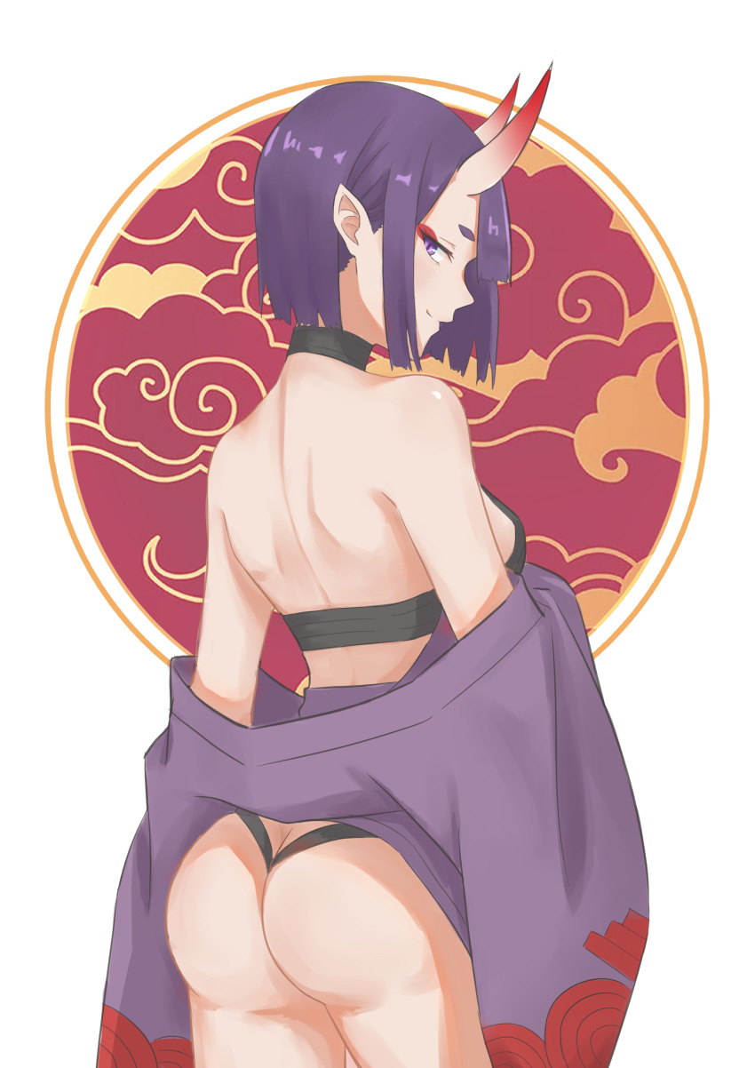 1girl absurdres ass back bangs bare_shoulders barefoot_sandals bob_cut breasts closed_mouth eyeliner fate/grand_order fate_(series) highres horns japanese_clothes kimono long_sleeves looking_at_viewer looking_back makeup off_shoulder oni oni_horns purple_hair purple_kimono revealing_clothes short_hair short_kimono shuten_douji_(fate/grand_order) skin-covered_horns small_breasts smile violet_eyes wide_sleeves zuixin