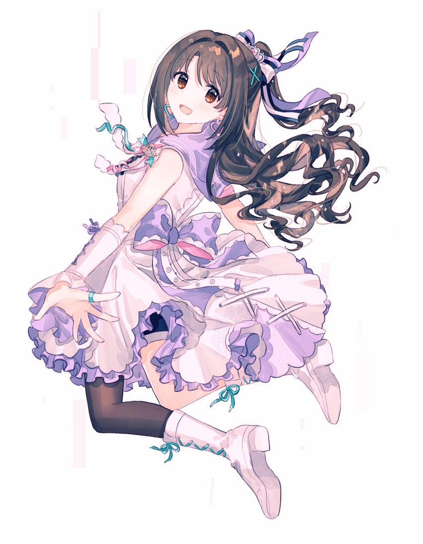1girl asymmetrical_legwear back_bow bangs black_hair black_legwear boots bow bracer brown_eyes cross-laced_footwear detached_sleeves dress dress_bow earrings eyebrows_visible_through_hair frilled_dress frills gocoli hair_bow hair_ornament hair_tie highres idolmaster idolmaster_cinderella_girls idolmaster_cinderella_girls_starlight_stage jewelry lace-up_boots long_hair looking_at_viewer one_side_up open_mouth purple_ribbon purple_sailor_collar ribbon ring sailor_collar shimamura_uzuki sidelocks simple_background sleeveless sleeveless_dress solo white_background white_dress white_legwear x_hair_ornament