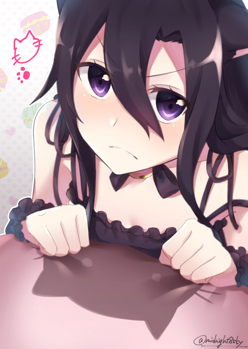 1boy androgynous animal_ears animal_print bangs black_bra black_hair black_ribbon bra cat_ears cat_lingerie cat_print cinderella_bust closed_mouth collarbone eyebrows_visible_through_hair frown hair_between_eyes highres kemonomimi_mode kirito_(sao-ggo) long_hair looking_at_viewer male_focus meme_attire midnight8sky neck_ribbon otoko_no_ko ribbon shiny shiny_hair solo sword_art_online twitter_username underwear underwear_only v-shaped_eyebrows violet_eyes wrist_cuffs