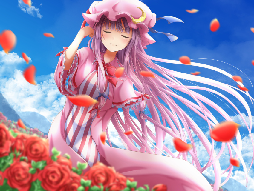 1girl arm_up blue_bow blue_ribbon blue_sky bow bowtie closed_eyes clouds commentary_request crescent crescent_moon_pin dress eyebrows_visible_through_hair flower garden hair_bow hat hat_ribbon long_hair mob_cap mountainous_horizon patchouli_knowledge petals pink_dress purple_hair ram_hachimin red_bow red_neckwear red_ribbon ribbon rose rose_petals sky smile solo striped striped_dress touhou very_long_hair wide_sleeves