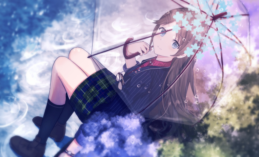 1girl absurdres black_footwear black_legwear blue_eyes blue_jacket brown_hair character_request collar flower glasses gocoli hair_ornament hairclip highres holding holding_umbrella idolmaster idolmaster_cinderella_girls idolmaster_cinderella_girls_starlight_stage jacket long_hair looking_at_viewer outdoors plaid plaid_skirt rain red_shirt shirt shoes sitting skirt smile socks solo striped_jacket transparent transparent_umbrella umbrella