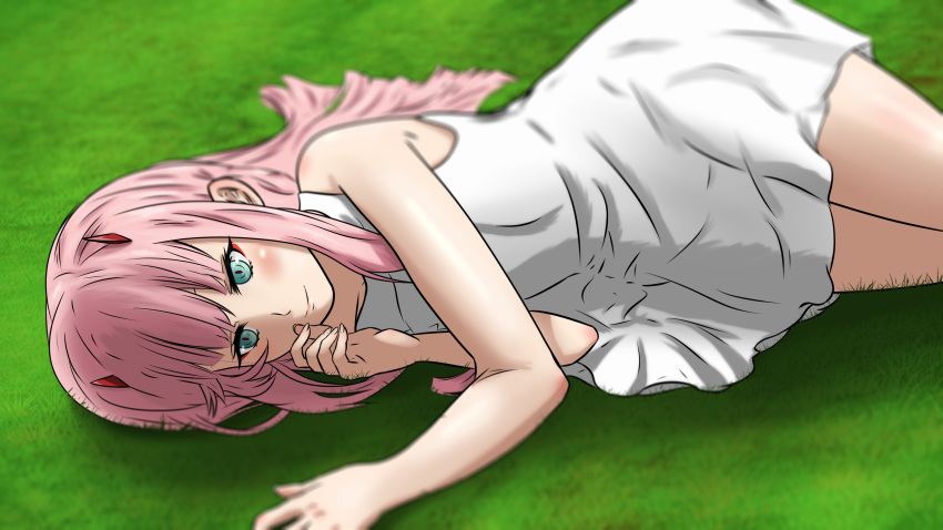 1girl absurdres blush closed_mouth commentary darling_in_the_franxx dress english_commentary grass green_eyes hand_on_own_cheek highres horns long_hair looking_at_viewer lying on_side oni_horns pink_hair red_horns shippaidayo smile solo straight_hair sundress zero_two_(darling_in_the_franxx)