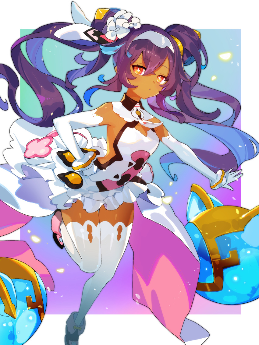 1girl backless_outfit bare_shoulders dark_skin elbow_gloves flower gloves hair_flower hair_ornament hairband highres layered_skirt neftim nima_(niru54) orange_eyes purple_hair skirt solo thigh-highs twintails white_gloves white_skirt world_flipper