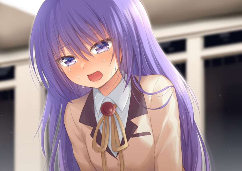 1girl alternate_costume angel_beats! blazer blurry commentary_request depth_of_field indoors irie_(angel_beats!) jacket leaning_forward long_hair nakamura_hinato neck_ribbon open_mouth purple_hair ribbon school_uniform solo tears violet_eyes