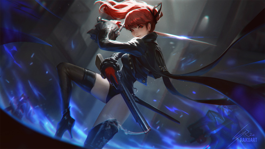 1girl 2others bangs black_jacket black_legwear black_leotard coattails gloves gun high_heels holding holding_gun holding_sword holding_weapon jacket leotard long_hair looking_at_viewer mask mask_removed multiple_others persona persona_5 persona_5_the_royal ponytail raikoart red_eyes red_gloves redhead signature smile smoke smoking_gun solo_focus sword thigh-highs weapon yoshizawa_kasumi