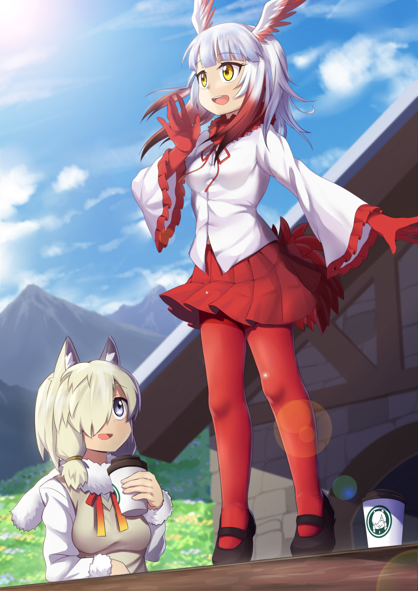 2girls :d absurdres alpaca_ears alpaca_suri_(kemono_friends) animal_ears arm_rest bangs bird_tail bird_wings blonde_hair blue_eyes blue_sky blunt_bangs caibao clouds coat cup day eyebrows_visible_through_hair floating_hair frilled_sleeves frills fur-trimmed_sleeves fur_collar fur_scarf fur_trim gloves hair_over_one_eye head_wings highres holding holding_cup japanese_crested_ibis_(kemono_friends) kemono_friends long_hair long_sleeves looking_afar looking_at_another medium_hair miniskirt multicolored_hair multiple_girls neck_ribbon open_mouth orange_eyes outdoors outstretched_arm outstretched_hand pantyhose parted_bangs pleated_skirt red_legwear redhead ribbon scarf shoes skirt sky smile spread_fingers standing tail two-tone_hair upper_teeth vest white_hair wide_sleeves wind wings