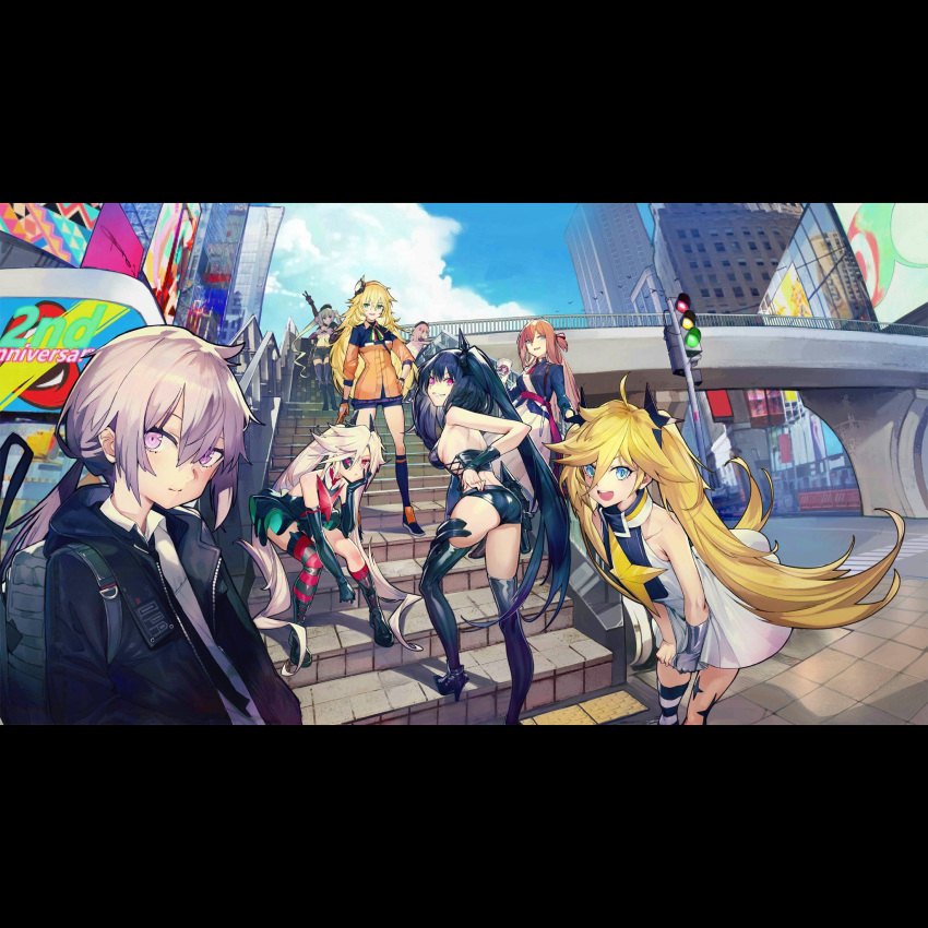 aa-12_(girls_frontline) artist_request bangs blonde_hair blush breasts brown_hair clear_(dj_max) fail_(djmax) girls_frontline green_eyes hair_between_eyes highres jacket long_hair m1903_springfield_(girls_frontline) m200_(girls_frontline) micro_uzi_(girls_frontline) necktie official_art s.a.t.8_(girls_frontline) shirt skirt smile violet_eyes white_shirt