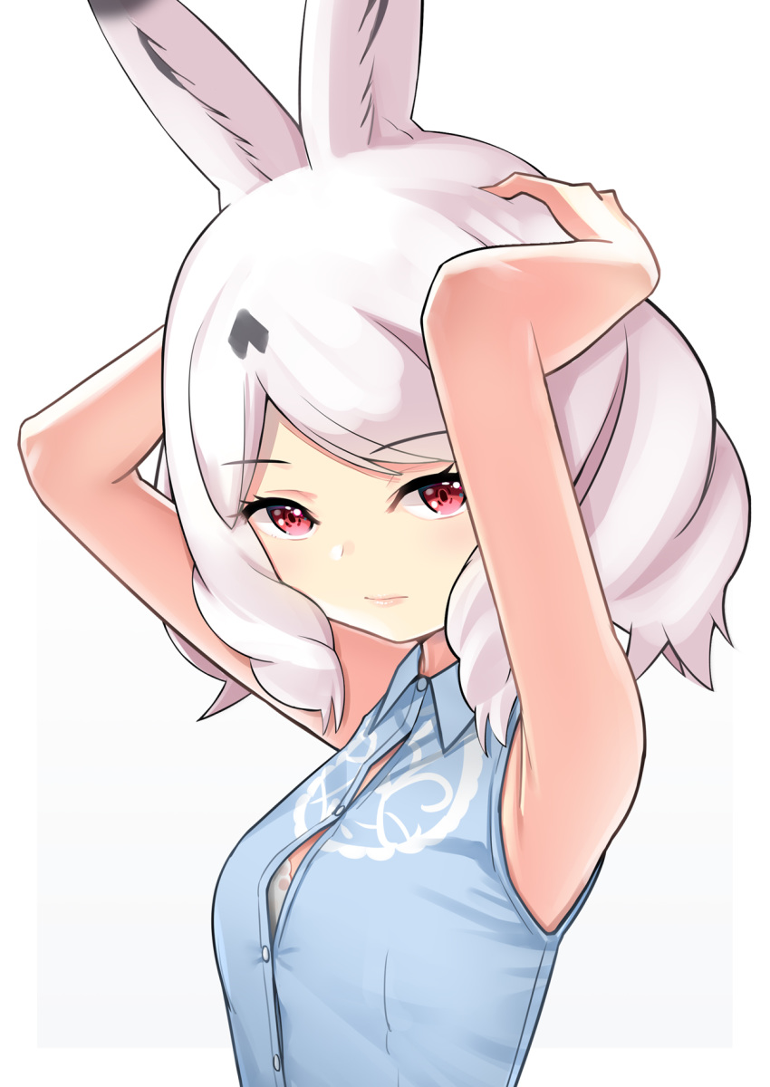1girl animal_ear_fluff animal_ears arctic_hare_(kemono_friends) armpits arms_up blue_shirt bra bra_peek breasts commentary_request dl2go expressionless eyebrows_visible_through_hair highres kemono_friends medium_hair rabbit_ears red_eyes shirt simple_background sleeveless sleeveless_shirt small_breasts solo underwear upper_body white_background white_hair wing_collar