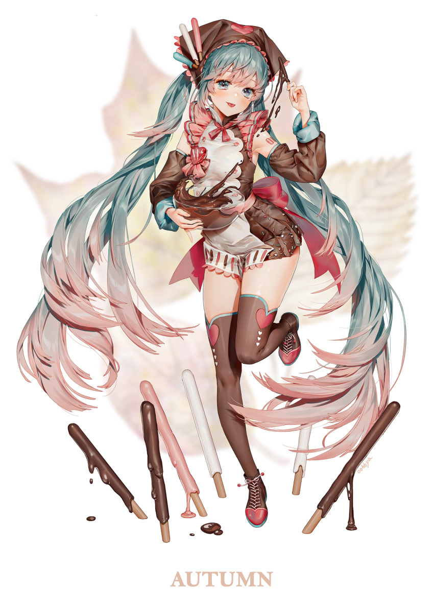1girl :p absurdres alternate_costume ankle_boots aqua_eyes aqua_hair back_bow bangs bare_shoulders blurry blurry_background blush boots bow bowl brown_footwear brown_legwear chocolate commentary detached_sleeves english_commentary english_text eyebrows_visible_through_hair food gradient_hair hatsune_miku head_scarf heart highres holding holding_bowl holding_food leg_up long_hair long_sleeves looking_at_viewer multicolored_hair number_tattoo oohhya pink_bow pink_hair pocky shoulder_tattoo solo standing standing_on_one_leg tattoo thigh-highs tongue tongue_out twintails very_long_hair vocaloid