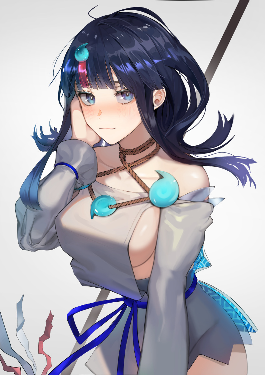 1girl absurdres bangs bare_shoulders black_hair blue_eyes blue_ribbon blush breasts cizzi closed_mouth collarbone dress fate/grand_order fate/requiem fate_(series) highres japanese_clothes jewelry large_breasts long_sleeves looking_at_viewer magatama magatama_hair_ornament medium_hair multicolored_hair necklace pelvic_curtain pink_hair polearm puffy_long_sleeves puffy_sleeves ribbon short_dress sideboob sideless_outfit smile spear streaked_hair utsumi_erise weapon white_dress