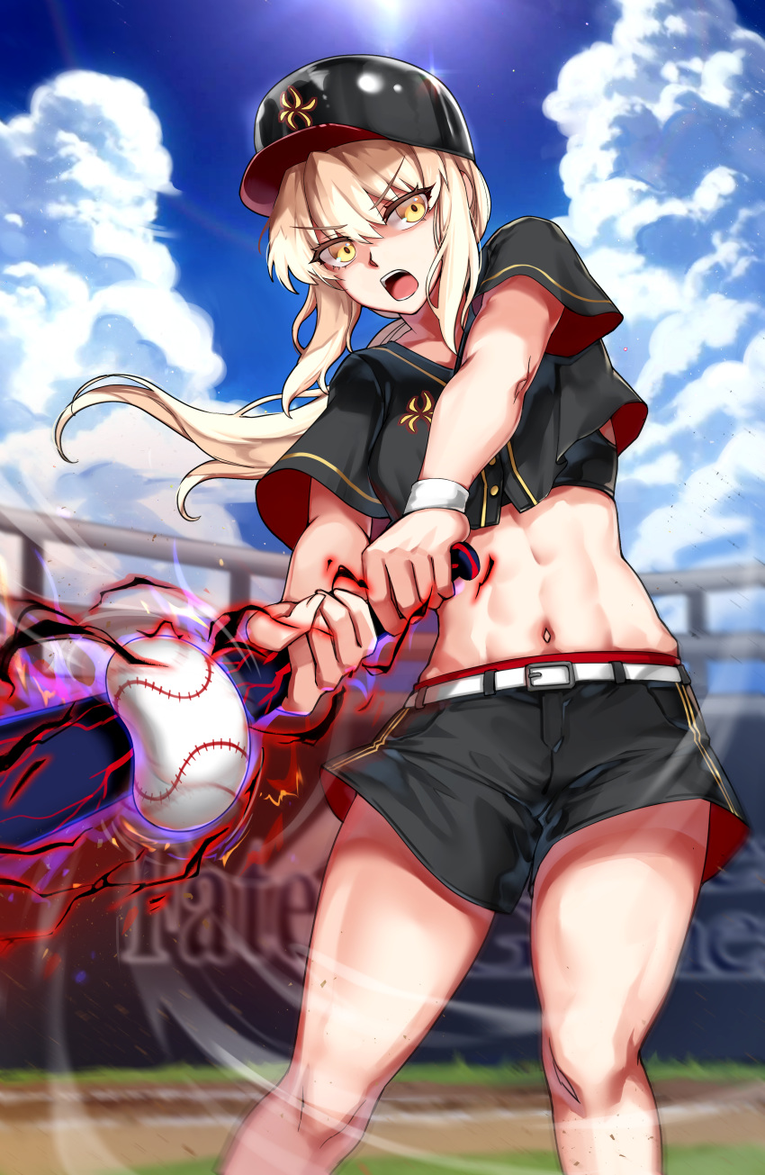 1girl abs absurdres artoria_pendragon_(all) bangs baseball baseball_bat baseball_helmet baseball_stadium baseball_uniform belt black_bra blue_sky blush bra breasts clouds commentary_request eyebrows_visible_through_hair fate/stay_night fate_(series) foxy_rain helmet highres holding_baseball_bat long_hair midriff muscle muscular_female navel open_mouth outdoors ponytail saber_alter short_hair shorts sky solo sports_bra sportswear teeth tomboy underwear yellow_eyes