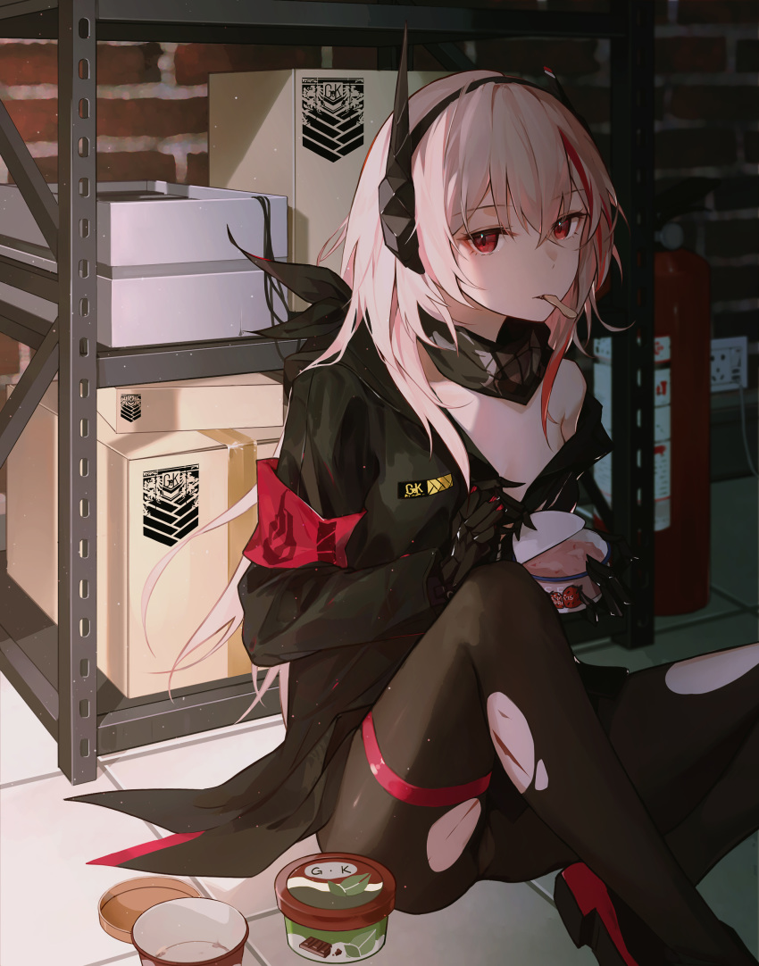 1girl absurdres armband bandana black_bandana black_legwear blonde_hair box cardboard_box chocolate_mint_ice_cream eating empty food girls_frontline grifon_&amp;_kryuger headgear highres ice_cream ice_cream_cup ice_cream_spoon injury long_hair long_sleeves looking_at_viewer lunaplum m4_sopmod_ii_(girls_frontline) mechanical_hands mouth_hold multicolored_hair off_shoulder opening panties panties_under_pantyhose pantyhose red_eyes shelf sitting solo spoon storage_room streaked_hair torn_clothes torn_legwear underwear