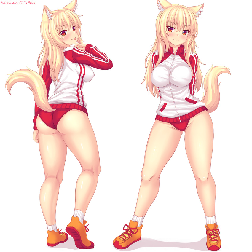1girl :p animal_ear_fluff animal_ears arms_behind_back ass blonde_hair blush breasts cat_ears closed_mouth eyebrows_visible_through_hair fast-runner-2024 full_body hair_between_eyes highres jacket large_breasts long_hair long_sleeves looking_at_viewer multicolored multicolored_clothes multiple_views orange_footwear original panties patreon_username red_eyes red_panties red_sleeves shoes smile socks standing tail thighs tiffy_(fast-runner-2024) tongue tongue_out track_jacket underwear white_background white_jacket zipper
