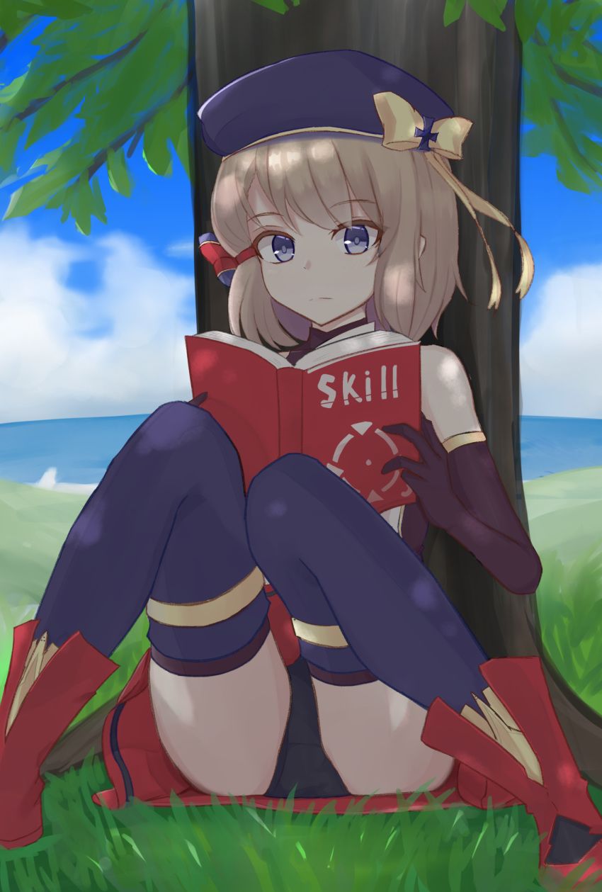 1girl azur_lane bangs bare_shoulders beret black_bodysuit black_gloves black_panties blue_eyes blue_headwear blue_legwear blue_sky bodysuit book bow closed_mouth clouds commentary_request day elbow_gloves eyebrows_visible_through_hair full_body gloves grass hair_bow hair_ornament hat hat_bow highres holding holding_book knees_up light_brown_hair looking_at_viewer nisa_(9800) ocean outdoors panties pantyshot reading red_footwear red_skirt retrofit_(azur_lane) short_hair sidelocks sitting skirt sky sleeveless striped striped_bow thigh-highs tree tree_shade under_tree underwear yellow_bow z23_(azur_lane) zettai_ryouiki