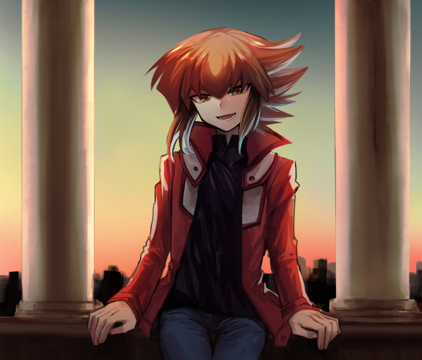 1boy :d black_shirt blue_pants brown_eyes brown_hair dusk green_eyes hair_between_eyes heterochromia jacket long_hair long_sleeves looking_at_viewer multicolored_hair open_clothes open_jacket open_mouth outdoors pants red_jacket shiny shiny_hair shirt sk816 smile solo spiky_hair thigh_gap two-tone_hair yuu-gi-ou yuu-gi-ou_gx yuuki_juudai