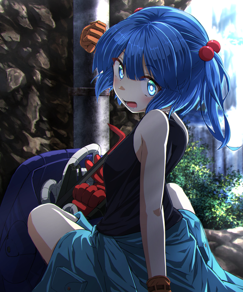 1girl absurdres backpack bag bare_arms black_shirt blue_eyes blue_footwear blue_hair boots breasts bright_pupils brown_gloves clothes_around_waist crowbar day from_side gloves hair_bobbles hair_ornament highres kakutasu_(akihiron_cactus) kawashiro_nitori looking_back medium_breasts medium_hair no_hat no_headwear open_mouth outdoors rubber_boots shirt sitting sleeveless sleeveless_shirt solo touhou two_side_up