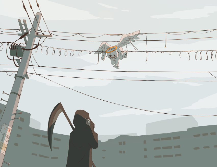 &gt;_&lt; absurdres angel angel_wings avogado6 building cable cellphone cloak clouds death_(entity) halo highres hood original outdoors phone pole power_lines robe scythe short_hair smartphone tangle telephone_pole transformer weapon wings