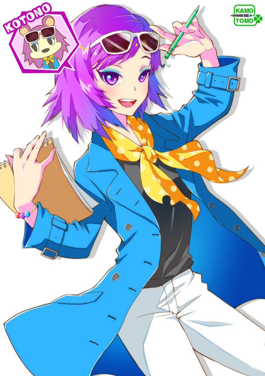 1girl :d artist_name black_shirt blue_coat blue_eyeshadow bracelet buttons character_name coat doubutsu_no_mori dual_persona eyeshadow eyewear_on_head fingernails hedgehog highres holding jewelry kamotomo kate_(doubutsu_no_mori) long_sleeves makeup mechanical_pencil medium_hair notepad open_clothes open_coat open_mouth pants pencil personification polka_dot polka_dot_scarf purple_hair scarf shirt silhouette simple_background smile speech_bubble sunglasses teeth unbuttoned violet_eyes white-framed_eyewear white_background white_pants yellow_scarf