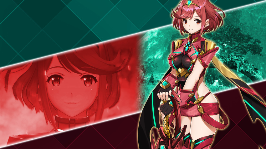 1girl armor bangs breasts closed_mouth covered_navel dress earrings edited elbow_gloves eyelashes fingerless_gloves gem gloves glowing hair_ornament headpiece highres holding holding_sword holding_weapon pyra_(xenoblade) jewelry large_breasts red_eyes saitou_masatsugu short_hair short_shorts short_sleeves shorts sidelocks skin_tight skindentation smile standing swept_bangs sword thigh-highs thighs third-party_edit tiara wallpaper weapon xenoblade_(series) xenoblade_2