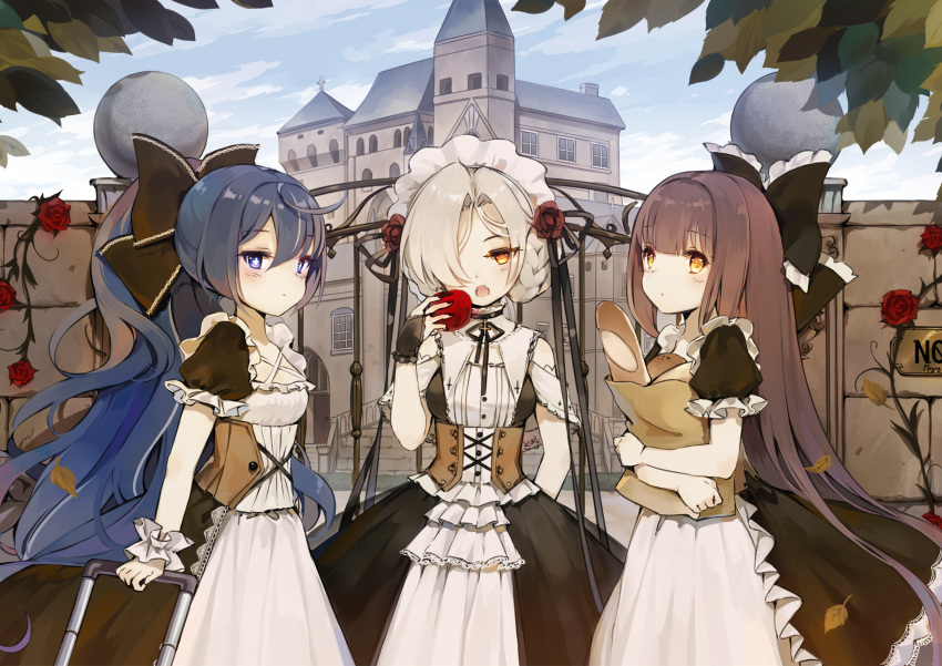 :o alternate_costume apple apron autumn_leaves azur_lane bag baguette bangs black_bow black_dress black_nails blush bow braid bread brick_wall bridal_gauntlets brown_eyes brown_hair building closed_mouth day dress enmaided eyebrows_visible_through_hair fangs flower food frilled_apron frilled_sleeves frills fruit gate grey_hair groceries grocery_bag hair_between_eyes hair_bow hair_flower hair_ornament hair_over_one_eye harutsuki_(azur_lane) highres holding holding_food holding_fruit leaves_in_wind long_hair maid maid_headdress maya_g multicolored_hair nail_polish object_hug open_mouth outdoors ponytail puffy_short_sleeves puffy_sleeves red_apple red_flower red_rose rolling_suitcase rose sheffield_(azur_lane) shopping_bag short_hair short_sleeves streaked_hair very_long_hair white_apron white_hair wrist_cuffs yoizuki_(azur_lane)