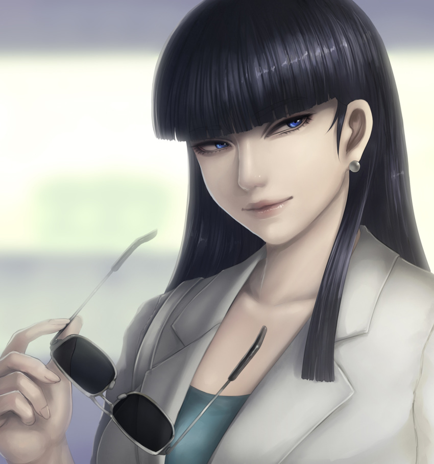 1girl black_hair blue_eyes collarbone commentary earrings english_commentary eyewear_removed formal highres jewelry kanuka_clancy kidou_keisatsu_patlabor light_smile lips long_hair looking_to_the_side okai smile solo suit sunglasses white_suit