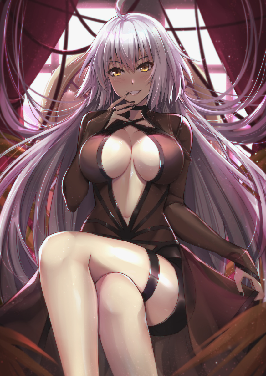 1girl absurdres ahoge alternate_costume bangs black_jacket black_nails black_shorts breasts commentary_request eyebrows_visible_through_hair fate/grand_order fate_(series) grin gu_li hair_between_eyes highres jacket jeanne_d'arc_(alter)_(fate) jeanne_d'arc_(fate)_(all) large_breasts long_hair long_sleeves looking_at_viewer short_hair short_shorts shorts silver_hair sitting smile solo teeth very_long_hair yellow_eyes
