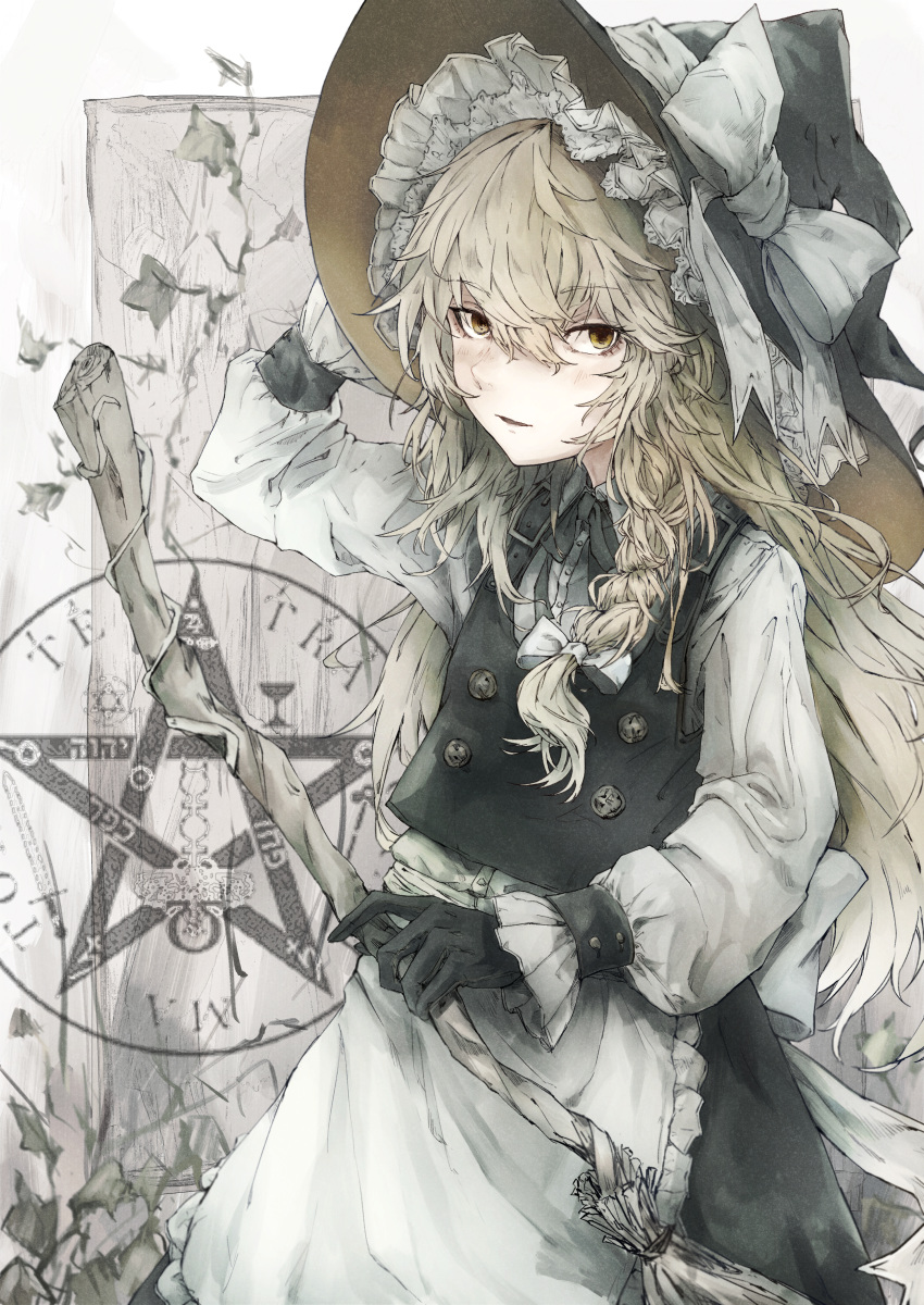1girl absurdres apron black_dress black_gloves blonde_hair bow braid broom buttons dress eyebrows_visible_through_hair gloves hat hat_bow highres huge_filesize kirisame_marisa long_hair long_sleeves looking_at_viewer safutsuguon side_braid single_braid solo touhou waist_apron white_bow witch_hat yellow_eyes