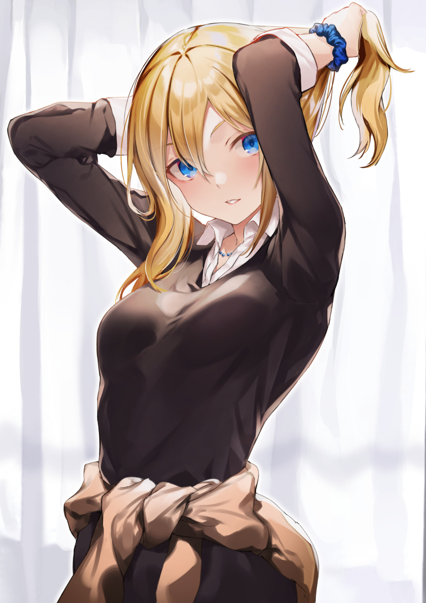 1girl absurdres arms_up blonde_hair blue_eyes blue_scrunchie brown_cardigan cardigan_around_waist clothes_around_waist collared_shirt commentary_request hair_between_eyes hair_ornament hair_scrunchie hayasaka_ai highres kaguya-sama_wa_kokurasetai_~tensai-tachi_no_renai_zunousen~ looking_at_viewer parted_lips scrunchie shirt side_ponytail sidelocks sweater_around_waist tying_hair wachiroku_(masakiegawa86) white_shirt