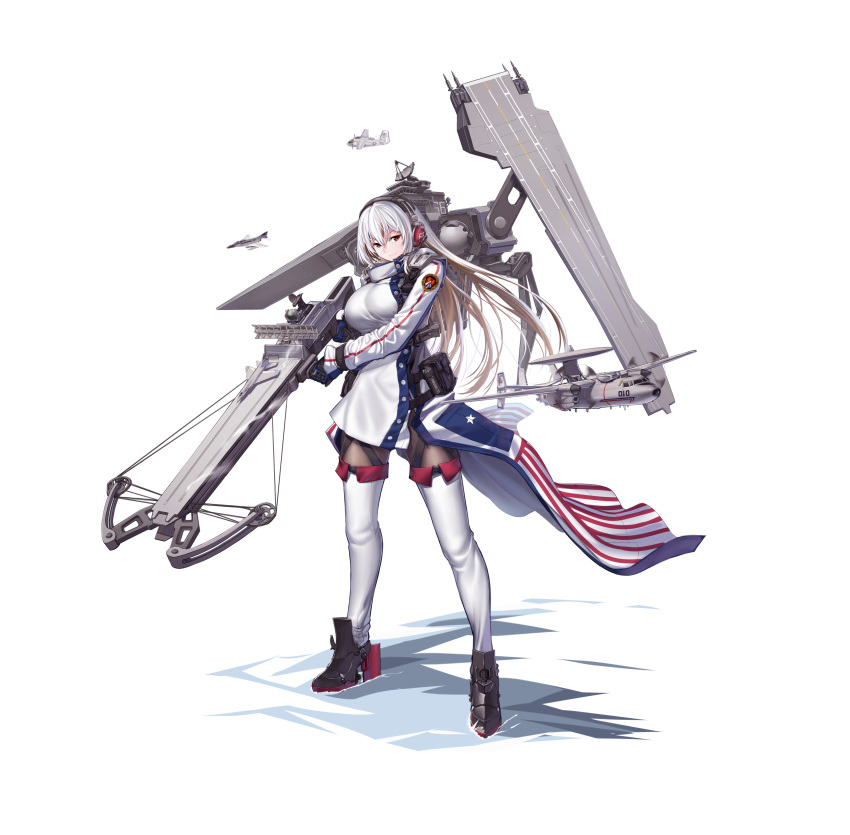 1girl absurdres aircraft aircraft_carrier airplane black_legwear boots bow_(weapon) breasts brown_eyes crossbow grey_hair headphones highres holding holding_weapon large_breasts long_hair long_sleeves machinery mecha_musume military military_vehicle onceskylark original pantyhose personification ship solo thigh-highs thigh_boots uss_america_(cv-66) warship watercraft weapon white_footwear