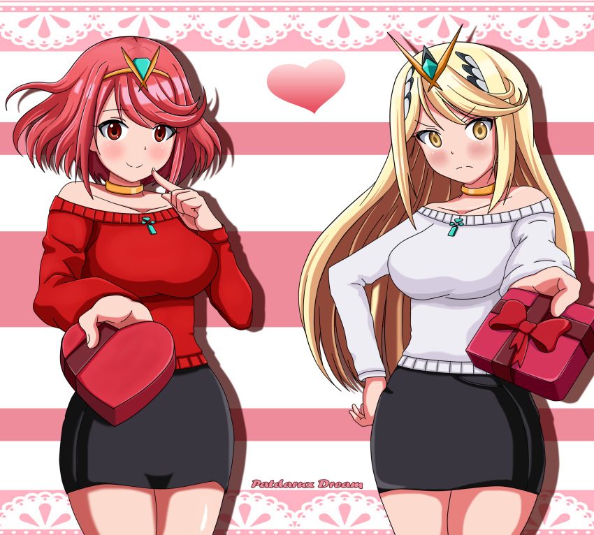 10s 2girls absurdres alternate_costume artist_name bangs bare_shoulders blonde_hair blush breasts choker commentary dual_persona eyebrows_visible_through_hair gem gift gradient hair_ornament headpiece heart highres mythra_(xenoblade) holding holding_gift pyra_(xenoblade) jewelry large_breasts long_hair looking_at_viewer multiple_girls patdarux pink_background red_eyes redhead shiny shiny_skin short_hair skirt smile sweater swept_bangs thighs tiara tsundere valentine very_long_hair white_background xenoblade_(series) xenoblade_2 yellow_eyes