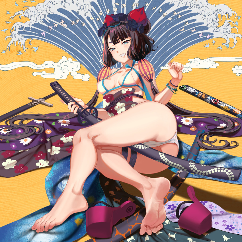 1girl absurdres ass bangs barefoot between_thighs bikini black_hair blue_eyes blunt_bangs blush breasts chen_bingyou fate/grand_order fate_(series) feet foreshortening goggles goggles_on_head grin hair_ornament highres hikimayu katana katsushika_hokusai_(fate/grand_order) katsushika_hokusai_(swimsuit_saber)_(fate) looking_at_viewer lying on_side sandals_removed sheath sheathed smile soles solo swimsuit sword toes weapon white_bikini