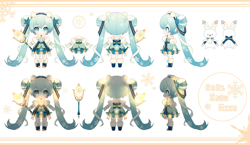 1girl absurdly_long_hair absurdres animal aqua_dress aqua_eyes aqua_hair arms_at_sides back_bow bangs bare_shoulders blurry blush boots border bow character_sheet chibi closed_mouth clothed_animal commentary_request detached_collar detached_sleeves double_bun dress facing_away frilled_sleeves frills fur-trimmed_boots fur_collar fur_sleeves fur_trim glint gloves glowing gradient hair_ornament hair_ribbon hairband hatsune_miku highres holding holding_lantern holding_staff kazenemuri lantern layered_dress light_smile long_hair looking_at_viewer multiple_views pom_pom_(clothes) profile rabbit_yukine ribbon sash short_dress snowflake_hair_ornament snowflake_print snowflakes snowing solo sphere staff standing strapless strapless_dress striped turnaround twintails variations very_long_hair vocaloid white_background white_ribbon yuki_miku
