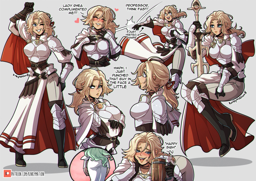 ! !! 2girls arm_up artist_name ass belt belt_buckle blonde_hair blue_eyes blush boobplate boots breastplate breasts buckle catherine_(fire_emblem) closed_eyes drunk english_text eyebrows_visible_through_hair eyes_visible_through_hair fire_emblem fire_emblem:_three_houses gloves green_hair grey_background hand_on_hip heart heart-shaped_pupils highres kinkymation long_hair looking_at_viewer medium_hair multiple_girls one_eye_closed pants patreon_username pauldrons ponytail rhea_(fire_emblem) shoulder_armor simple_background standing sword symbol-shaped_pupils thigh-highs thigh_boots throwing vambraces watermark weapon