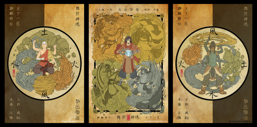 1girl 2boys aang avatar:_the_last_airbender avatar_(series) bald chinese_clothes dragon earth fire fish highres korra kyoshi_(avatar) long_hair michael_matsumoto multiple_boys old_man people pose roku_(avatar) short_hair water wind