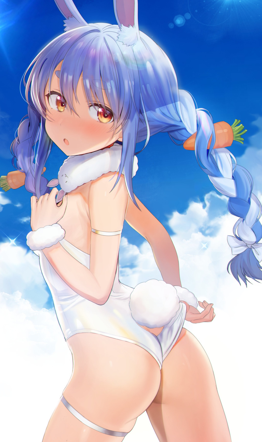 1girl absurdres animal_ear_fluff animal_ears arm_strap ass bare_shoulders blue_hair braid bunny_girl bunny_tail bunnysuit carrot_hair_ornament clouds cowboy_shot food_themed_hair_ornament fur_collar hair_ornament highres hololive lens_flare leotard long_hair looking_at_viewer orange_eyes parted_lips rabbit_ears seicoh skindentation sky solo sunlight tail thick_eyebrows thigh_strap thighs twin_braids twintails usada_pekora virtual_youtuber white_leotard wrist_cuffs