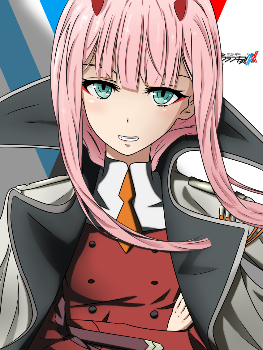 1girl absurdres breasts coat commentary crossed_arms darling_in_the_franxx english_commentary green_eyes grey_coat highres horns long_hair looking_at_viewer medium_breasts military military_uniform oni_horns orange_neckwear pink_hair red_horns shippaidayo smile solo straight_hair uniform zero_two_(darling_in_the_franxx)