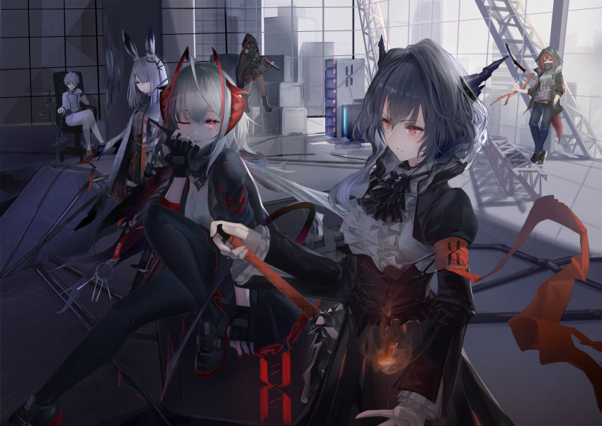 1boy 5girls absurdres animal_ears arknights black_dress black_jacket black_skirt blue_pants breasts building chair city clouds cloudy_sky commentary_request covered_mouth crossed_legs crownslayer_(arknights) demon_girl demon_horns demon_tail detonator dragon_horns dress fingerless_gloves fire frilled_dress frills frostnova_(arknights) gas_mask gloves grenade_launcher grey_shirt hair_over_one_eye highres horns indoors jacket knife me/r medium_breasts mephisto_(arknights) multicolored_hair multiple_girls one_eye_closed open_clothes open_jacket originium_arts_(arknights) pants pink_eyes rabbit_ears red_nails redhead reunion_logo_(arknights) shirt short_hair shorts silver_hair skirt skullshatterer_(arknights) sky streaked_hair sword tail talulah_(arknights) w_(arknights) weapon white_hair