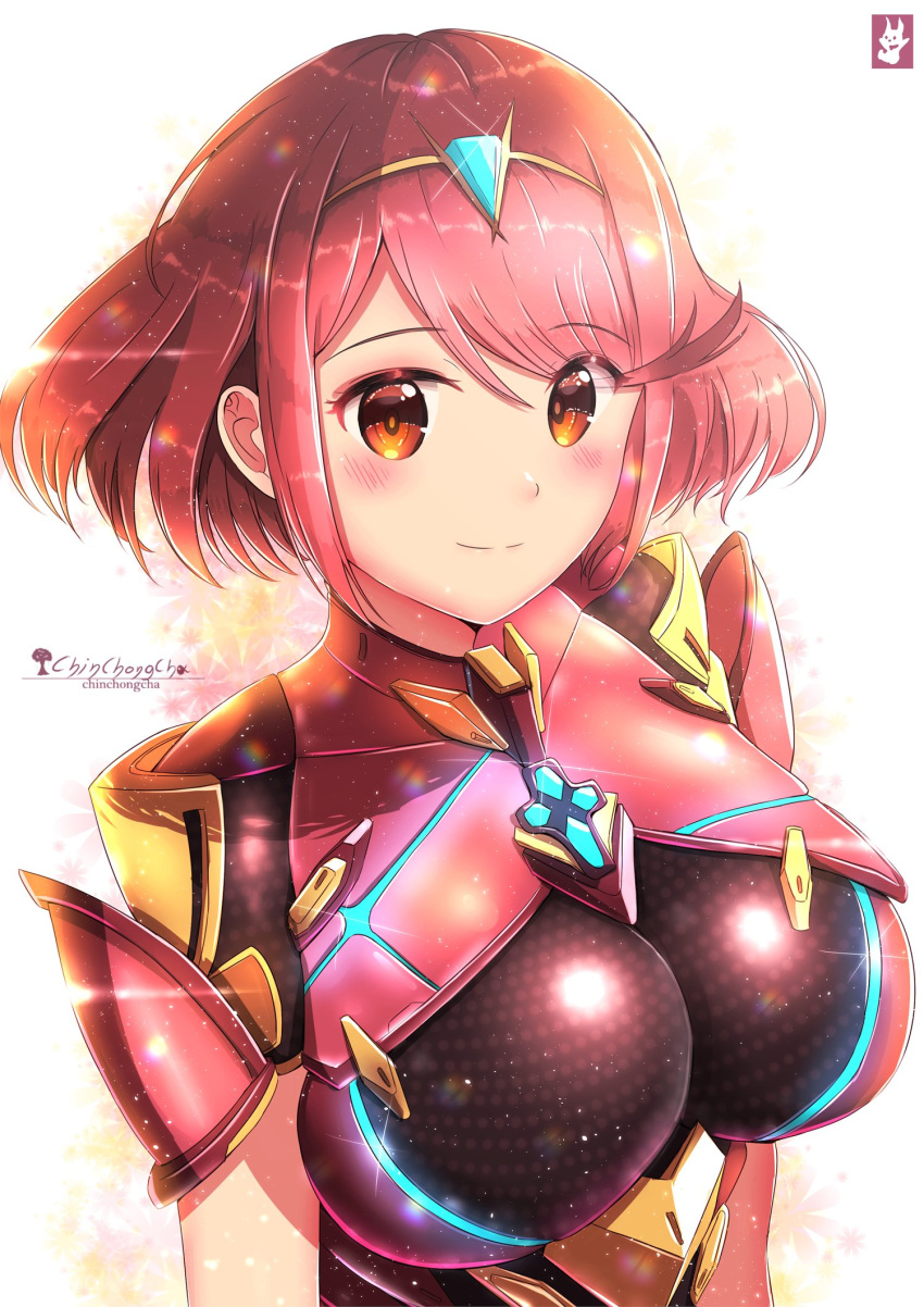 1girl armor artist_logo artist_name blush breasts chinchongcha glowing hair_ornament headpiece highres pyra_(xenoblade) large_breasts lens_flare looking_at_viewer one-piece_swimsuit ponytail red_eyes redhead short_hair simple_background smile solo swimsuit tiara xenoblade_(series) xenoblade_2