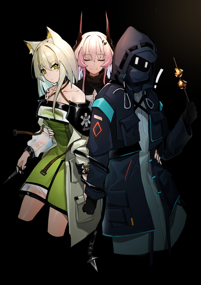 1other 2girls absurdres animal_ear_fluff animal_ears arknights bangs bare_shoulders black_background black_choker black_gloves black_jacket choker closed_eyes commentary_request criss-cross_halter cropped_legs doctor_(arknights) dress eyebrows_visible_through_hair facing_viewer gloves green_dress green_eyes hair_between_eyes halterneck hand_up highres holding hood hooded_jacket horns iku!_iku!! jacket kal'tsit_(arknights) long_hair long_sleeves looking_at_viewer multiple_girls off-shoulder_dress off_shoulder open_clothes open_jacket ore_lesion_(arknights) originium_(arknights) pink_hair short_dress silver_hair simple_background smile theresa_(arknights)