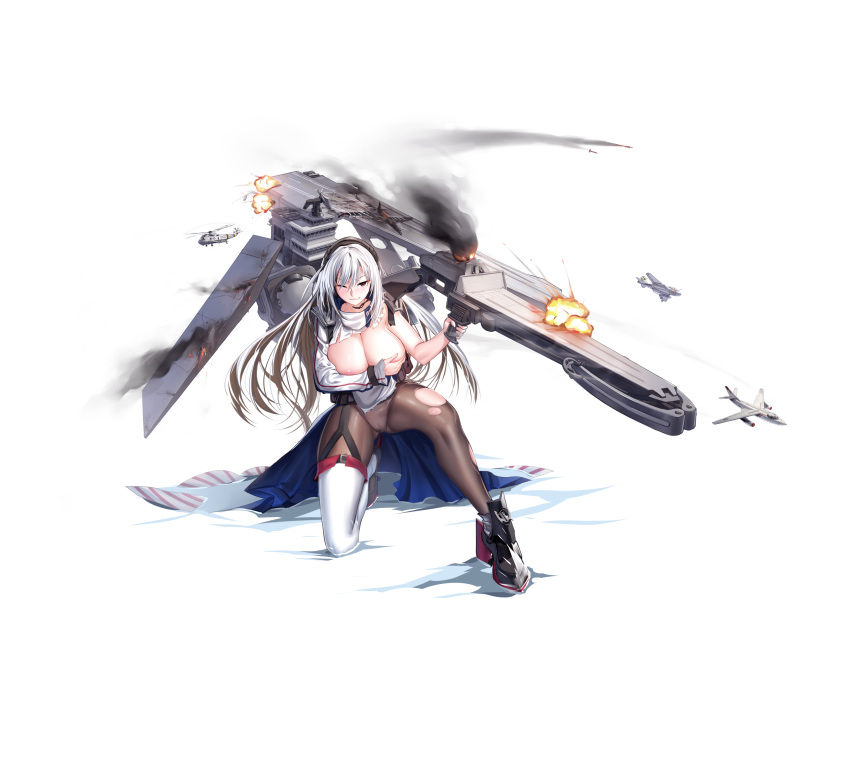 1girl absurdres aircraft aircraft_carrier airplane black_legwear boots breasts brown_eyes covering covering_breasts grey_hair headphones highres large_breasts long_hair long_sleeves machinery mecha_musume military military_vehicle onceskylark one_eye_closed original pantyhose personification ship solo thigh-highs thigh_boots torn_clothes uss_america_(cv-66) warship watercraft white_footwear
