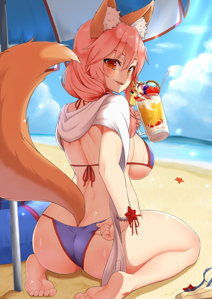 1girl adjusting_clothes adjusting_swimsuit animal_ears ass barefoot beach bikini blue_bikini blue_sky breasts clouds cup day fang fate/grand_order fate_(series) feet food fox_ears fox_tail from_behind fruit hat highres holding holding_cup large_breasts long_hair looking_at_viewer looking_back ocean orange_eyes outdoors parted_lips pink_hair shiron_(e1na1e2lu2ne3ru3) shirt sitting sky smile soles solo straw_hat strawberry summer sunlight sweat swimsuit tail tamamo_(fate)_(all) tamamo_no_mae_(fate) tamamo_no_mae_(swimsuit_lancer)_(fate) wariza white_shirt