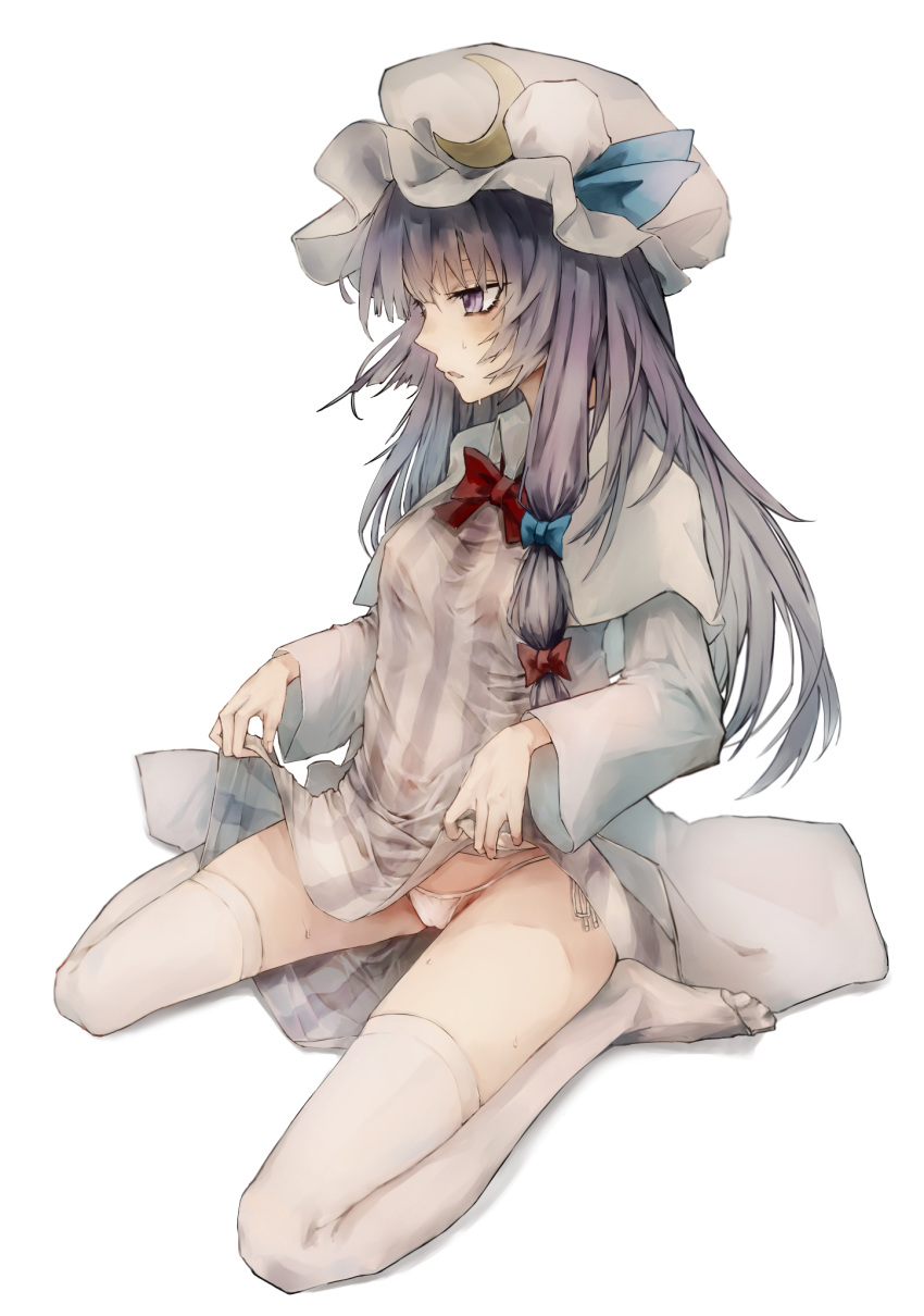 1girl blue_bow blue_ribbon bow crescent crescent_hair_ornament dress frills hair_bow hair_ornament hat hat_ribbon highres holding_skirt long_hair mob_cap panties patchouli_knowledge purple_hair red_bow red_ribbon ribbon safutsuguon side-tie_panties simple_background striped striped_dress sweat thigh-highs touhou underwear violet_eyes white_background white_legwear